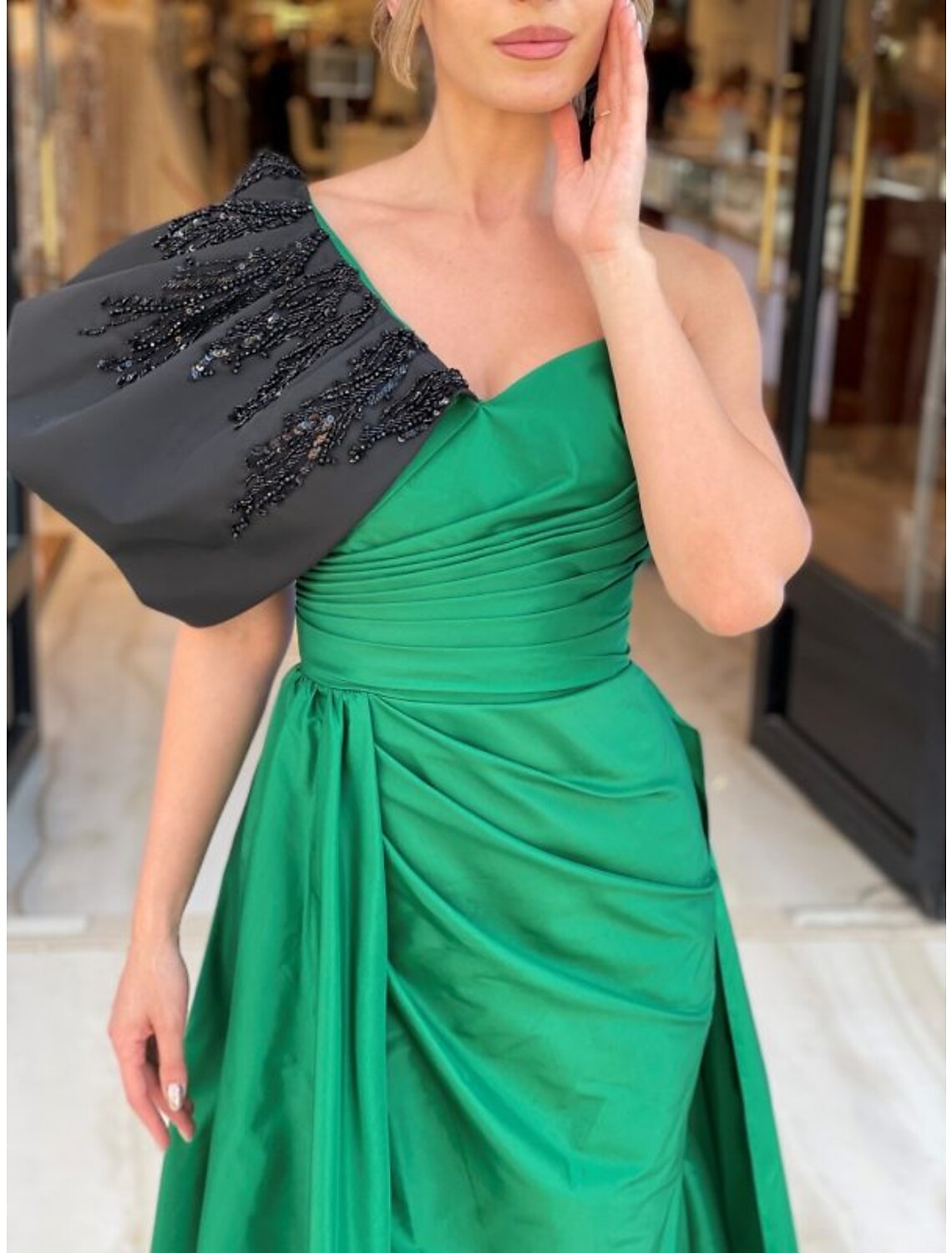 Abito da sera a trapezio, abito color block, per ricevimento di nozze formale, strascico, senza maniche, monospalla, in raso con spacco di perline